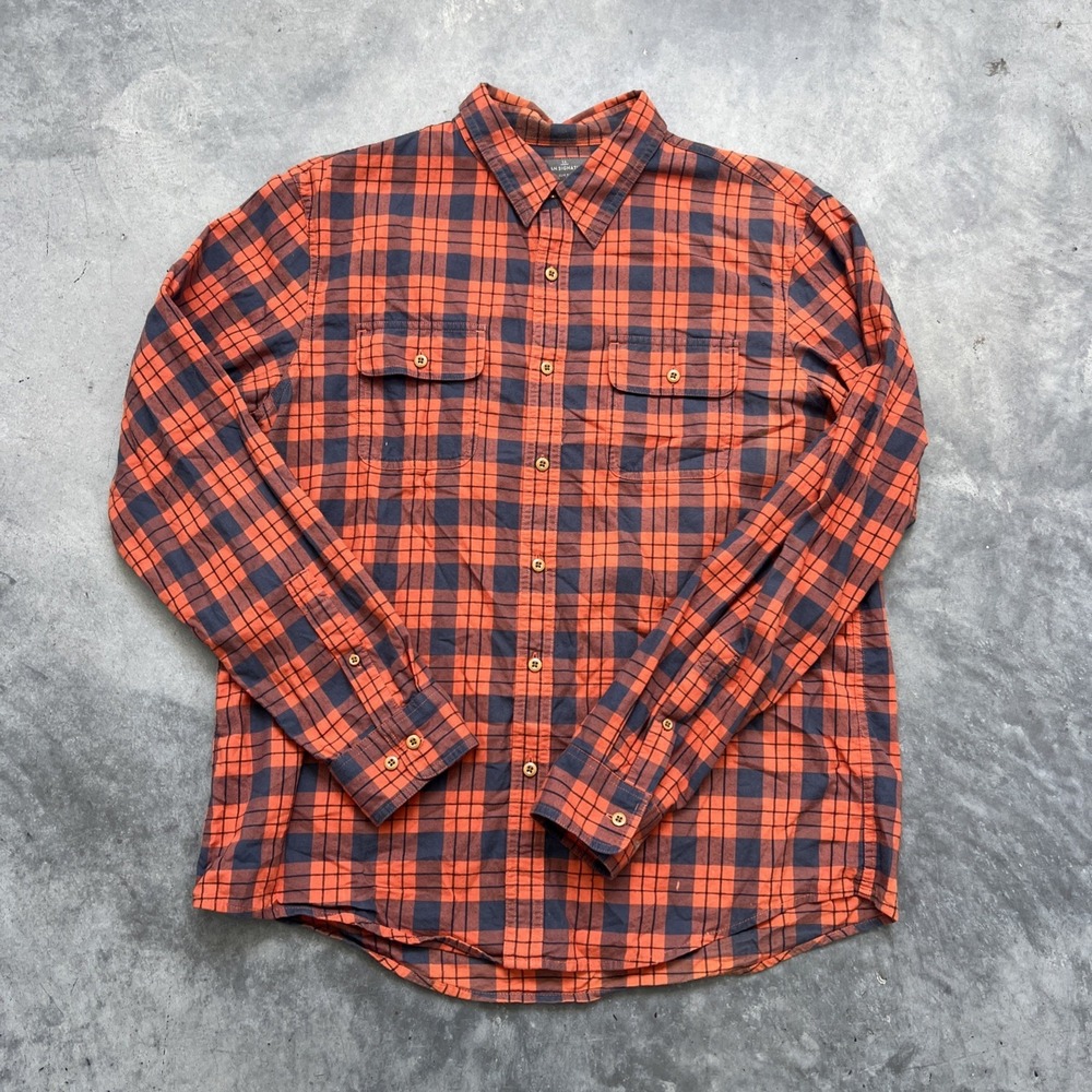 L.L. BEAN SIGNATURE MENS BUTTON UP SHIRT SIZE L ORANGE BLUE PLAID COTTON